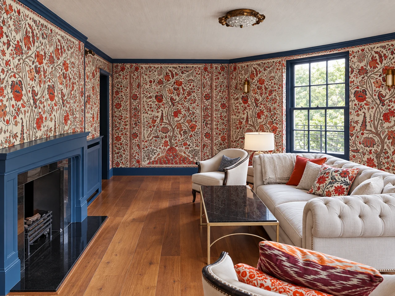 Finished living room with patterned wallcoverings, navy painted woodwork and cream seating