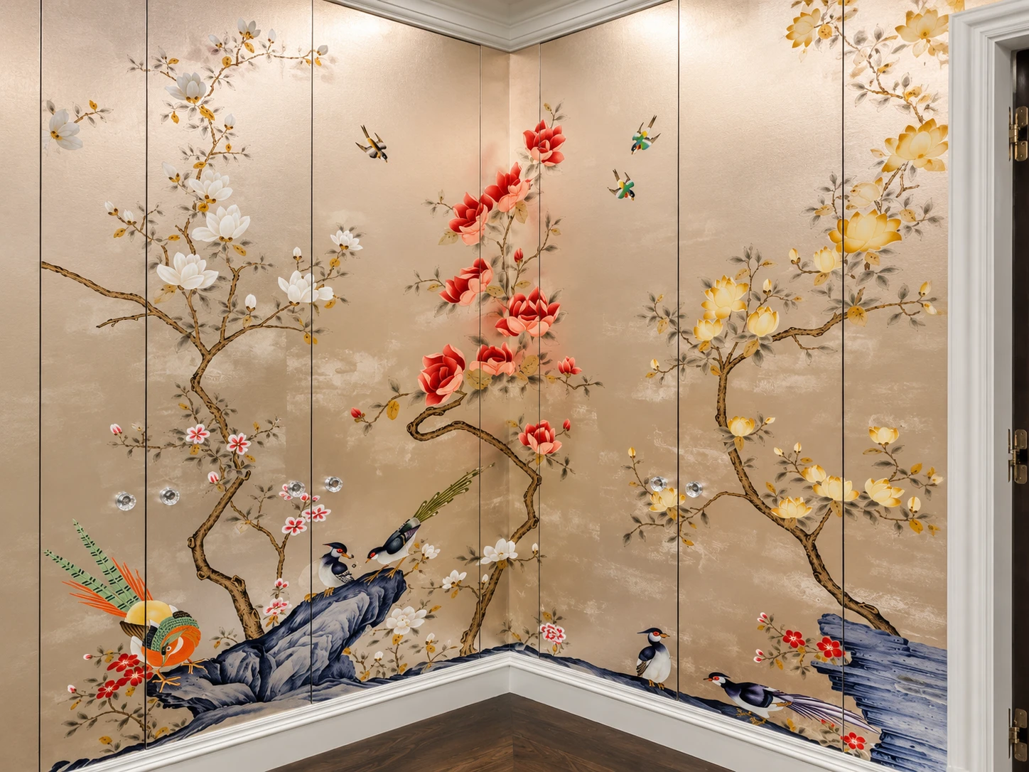 Specialist floral and bird wallcovering fitted around a room corner