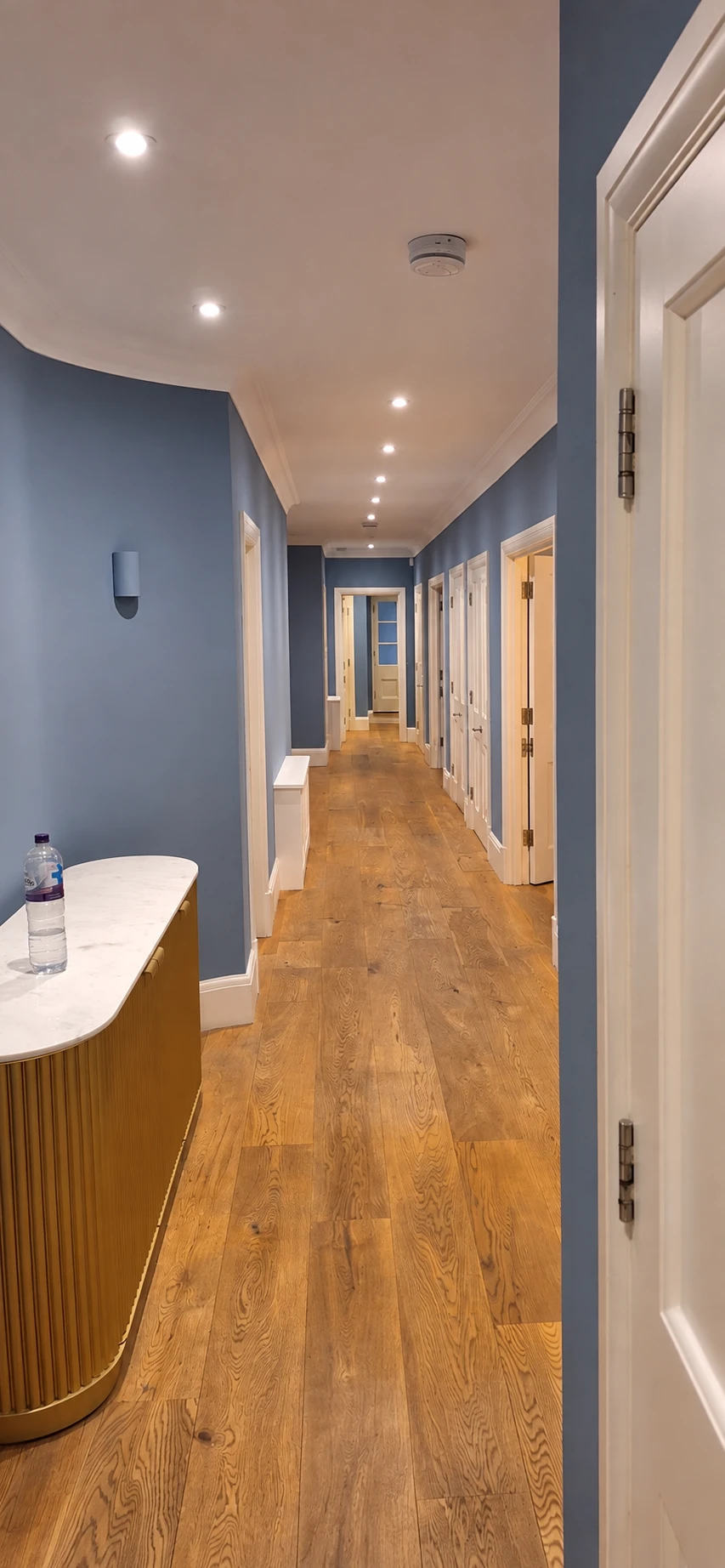 Blue hallway with white painted doors, frames and skirting boards